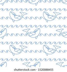 Seamless abstract marine pattern. Blue outline orca whale and blue line waves on white background. Killer whale in ocean, animal print.