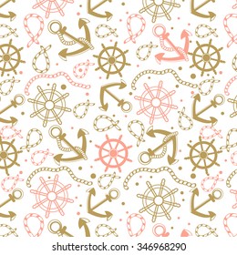 Seamless abstract marine pattern. Sea anchors, rope and wheels. Nautical summer hipster background.