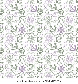 Seamless abstract marine pattern. Sea anchors, rope and wheels. Nautical summer hipster background. Design for wallpaper, textile, fabric, and other projects. 