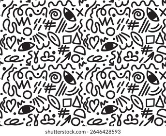 Seamless abstract Memphis pattern, black doodle geometric shapes, trendy hand drawn background, modern vector art