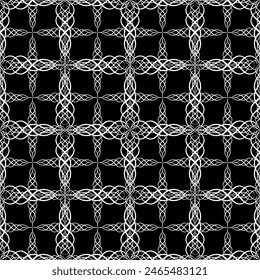 Seamless abstract mesh pattern. Imitation lace. White lace on a black background. Black and white graphics. For the design and decoration of fabric, paper, wallpaper and packaging.