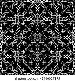 Seamless abstract mesh pattern. Imitation lace. White lace on a black background. Black and white graphics. For the design and decoration of fabric, paper, wallpaper and packaging.