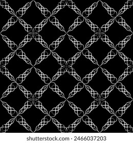 Patrón de malla abstracta sin costuras. Imitación de encaje. Encaje blanco sobre fondo negro. Gráficos en blanco y negro. Para el diseño y decoración de tela, papel, Fondo de pantalla y embalaje.