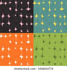 Seamless abstract mid century modern patterns for backgrounds, fabric design, home decor. Retro design of organic rectangle shapes and stars. Vector illustration.