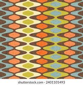 Seamless abstract mid century modern pattern for backgrounds, fabric design, wrapping paper. Retro design of wavy stripes and ovals. Vector illustration.