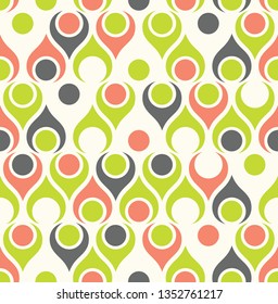 Seamless Abstract Midcentury Modern Pattern For Backgrounds, Fabric Design, Wrapping Paper, Scrapbooks And Covers. Retro Design Of Teardrop Shapes And Vintage Colors. Vector Illustration.
