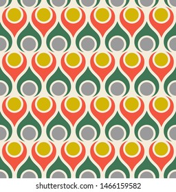 Seamless Abstract Midcentury Modern Pattern For Backgrounds, Fabric Design, Wrapping Paper, Scrapbooks And Covers. Retro Design Of Teardrop Shapes And Vintage Colors. Vector Illustration.
