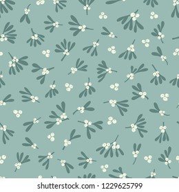 Seamless abstract mistletoe with white berries pattern on a green background