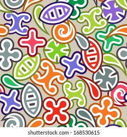 Seamless Abstract Mix Pattern with Different Colored Shapes (Spiral, Crosses, Drops) Stylish Cross Background