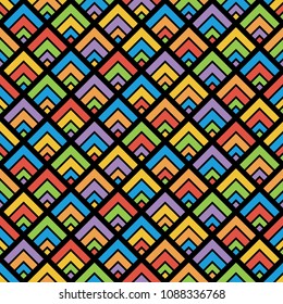 seamless abstract modern geometric colorful vintage scale vector pattern on black background