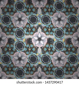 Seamless abstract modern multicolored pattern. Geometric repeating vector ornament with blue, gray and brown elements.