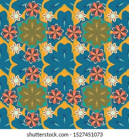 Seamless abstract modern multicolored pattern. Geometric repeating vector ornament with orange, yellow and blue elements.