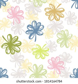 Seamless abstract modern pattern of multicolored doodle drawing leaves. plant design element casual sketch by hand. Vector illustration isolated on white background.