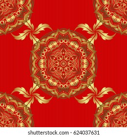 Seamless abstract modern pattern on a red backdrop. Red and golden seamless pattern. Geometric repeating vector ornament with golden elements.