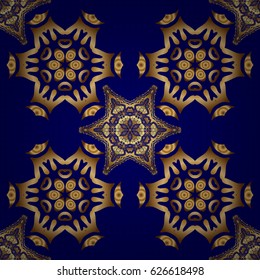 Seamless abstract modern pattern on a blue backdrop. Blue and golden seamless pattern. Geometric repeating vector ornament with golden elements.