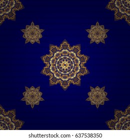 Seamless abstract modern pattern on a blue backdrop. Blue and golden seamless pattern. Geometric repeating vector ornament with golden elements.