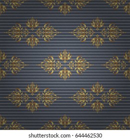 Seamless abstract modern pattern on a gray backdrop. Gray and golden seamless pattern. Geometric repeating vector ornament with golden elements.