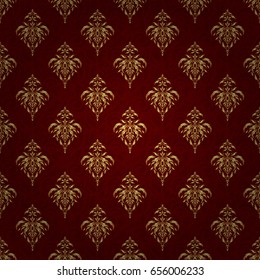 Seamless abstract modern pattern on a red backdrop. Red and golden seamless pattern. Geometric repeating vector ornament with golden elements.