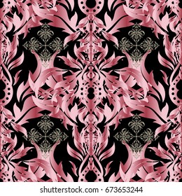 Seamless abstract modern pattern on a black backdrop. Geometric repeating vector ornament with beige and red elements.