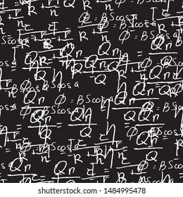 Seamless abstract monochrome background. Chaotic arrangement of formulas on a black Board