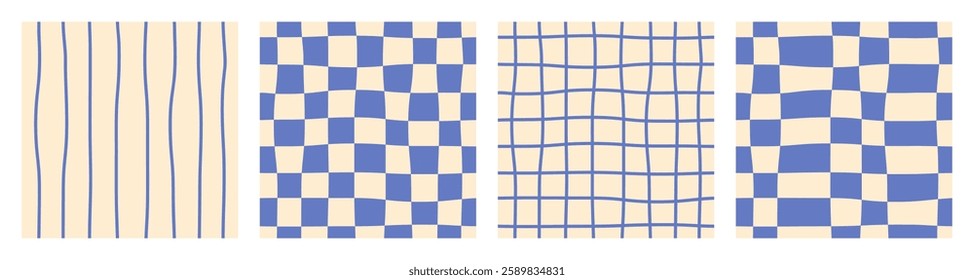 Seamless abstract monochrome blue set of checkered, striped and chess wavy patterns on light background, simple hand drawn illustration, flat style