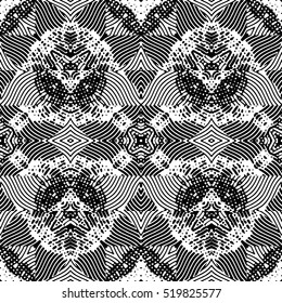 Seamless abstract monochrome engraving pattern. Texture for certificate or diploma, currency and money design. Single-leaf woodcut, xylography, printmaking. Vector Illustration