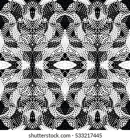 Seamless abstract monochrome engraving pattern. Texture for certificate or diploma, currency and money design. Single-leaf woodcut, xylography, printmaking. Vector Illustration
