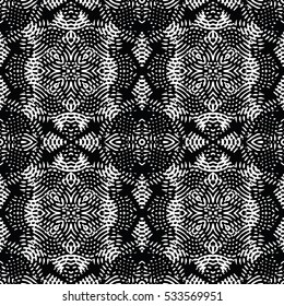 Seamless abstract monochrome engraving pattern. Texture for certificate or diploma, currency and money design. Single-leaf woodcut, xylography, printmaking. Vector Illustration