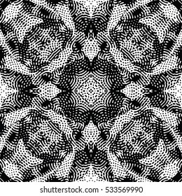 Seamless abstract monochrome engraving pattern. Texture for certificate or diploma, currency and money design. Single-leaf woodcut, xylography, printmaking. Vector Illustration