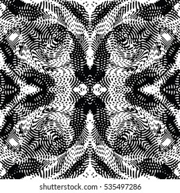 Seamless abstract monochrome engraving pattern. Texture for certificate or diploma, currency and money design. Single-leaf woodcut, xylography, printmaking. Vector Illustration