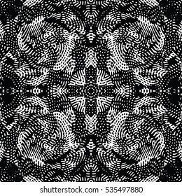 Seamless abstract monochrome engraving pattern. Texture for certificate or diploma, currency and money design. Single-leaf woodcut, xylography, printmaking. Vector Illustration