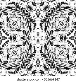 Seamless abstract monochrome engraving pattern. Texture for certificate or diploma, currency and money design. Single-leaf woodcut, xylography, printmaking. Vector Illustration