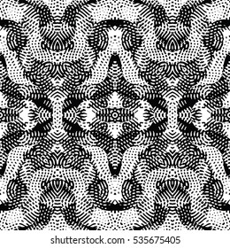 Seamless abstract monochrome engraving pattern. Texture for certificate or diploma, currency and money design. Single-leaf woodcut, xylography, printmaking. Vector Illustration