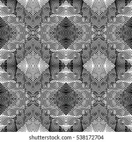 Seamless abstract monochrome engraving pattern. Texture for certificate or diploma, currency and money design. Single-leaf woodcut, xylography, printmaking. Vector Illustration