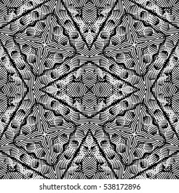 Seamless abstract monochrome engraving pattern. Texture for certificate or diploma, currency and money design. Single-leaf woodcut, xylography, printmaking. Vector Illustration