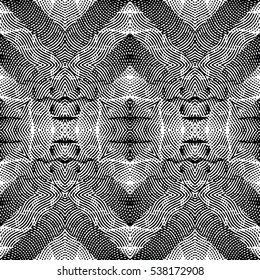 Seamless abstract monochrome engraving pattern. Texture for certificate or diploma, currency and money design. Single-leaf woodcut, xylography, printmaking. Vector Illustration