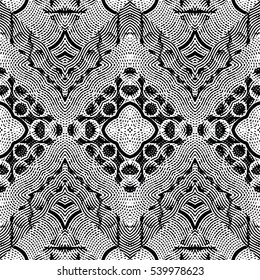 Patrón de grabado monocromo abstracto sin inconvenientes. Textura para el certificado o diploma, moneda y diseño monetario. Traje de madera de hoja única, xitografía, impresión. Ilustración vectorial