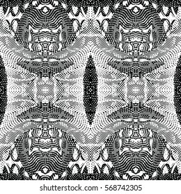 Seamless abstract monochrome engraving pattern. Texture for certificate or diploma, currency and money design. Single-leaf woodcut, xylography, printmaking. Vector Illustration