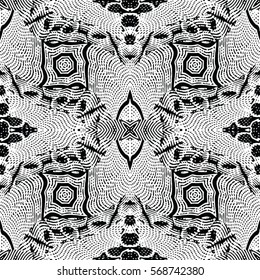 Seamless abstract monochrome engraving pattern. Texture for certificate or diploma, currency and money design. Single-leaf woodcut, xylography, printmaking. Vector Illustration