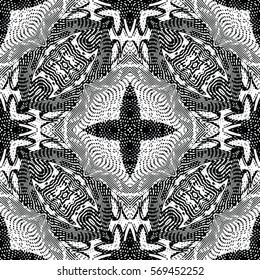 Seamless abstract monochrome engraving pattern. Texture for certificate or diploma, currency and money design. Single-leaf woodcut, xylography, printmaking. Vector Illustration