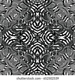 Seamless abstract monochrome engraving pattern. Texture for certificate or diploma, currency and money design. Single-leaf woodcut, xylography, printmaking. Vector Illustration