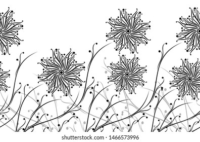 Seamless abstract monochrome floral border