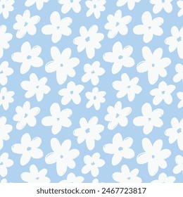 Seamless abstract monochrome floral pattern with naive wild flowers. Daisy ditsy print. Simple Scandinavian style. Vector illustration