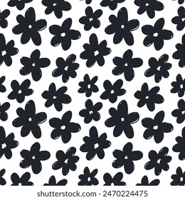 Nahtloses abstraktes monochromes Blumenmuster mit naiven Wildblumen. Gänsehaut-Aufdruck. Schlichter skandinavischer Stil. Vektorillustration