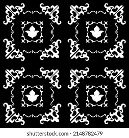 Patrón monocromo, abstracto y sin inconvenientes sobre un fondo negro de elementos de estilo árabe, asiático.