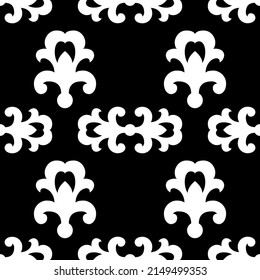  Patrón monocromo, abstracto y sin inconvenientes sobre un fondo negro a partir de elementos geométricos de estilo árabe, asiático.