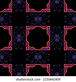  Seamless, abstract, monochrome pattern on a black background from geometric elements in Arabic, Asian style.