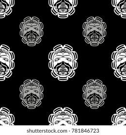 Seamless abstract monochrome pattern with silhouetted Kwakiutl masks.