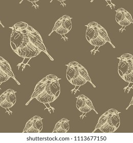 Seamless abstract monochrome pattern with silhouettes of song bird robin. Hand drawn linear pen sketch. Vintage style.