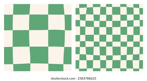 Seamless abstract monochrome set of large and small checkerboard pattern on a light background, green checkered pattern set, simple hand drawn illustration, flat style
